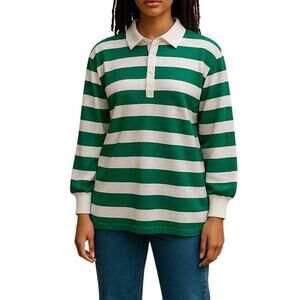 Loft Green White Striped Collared Long Sleeve Top Medium Quarter Button
